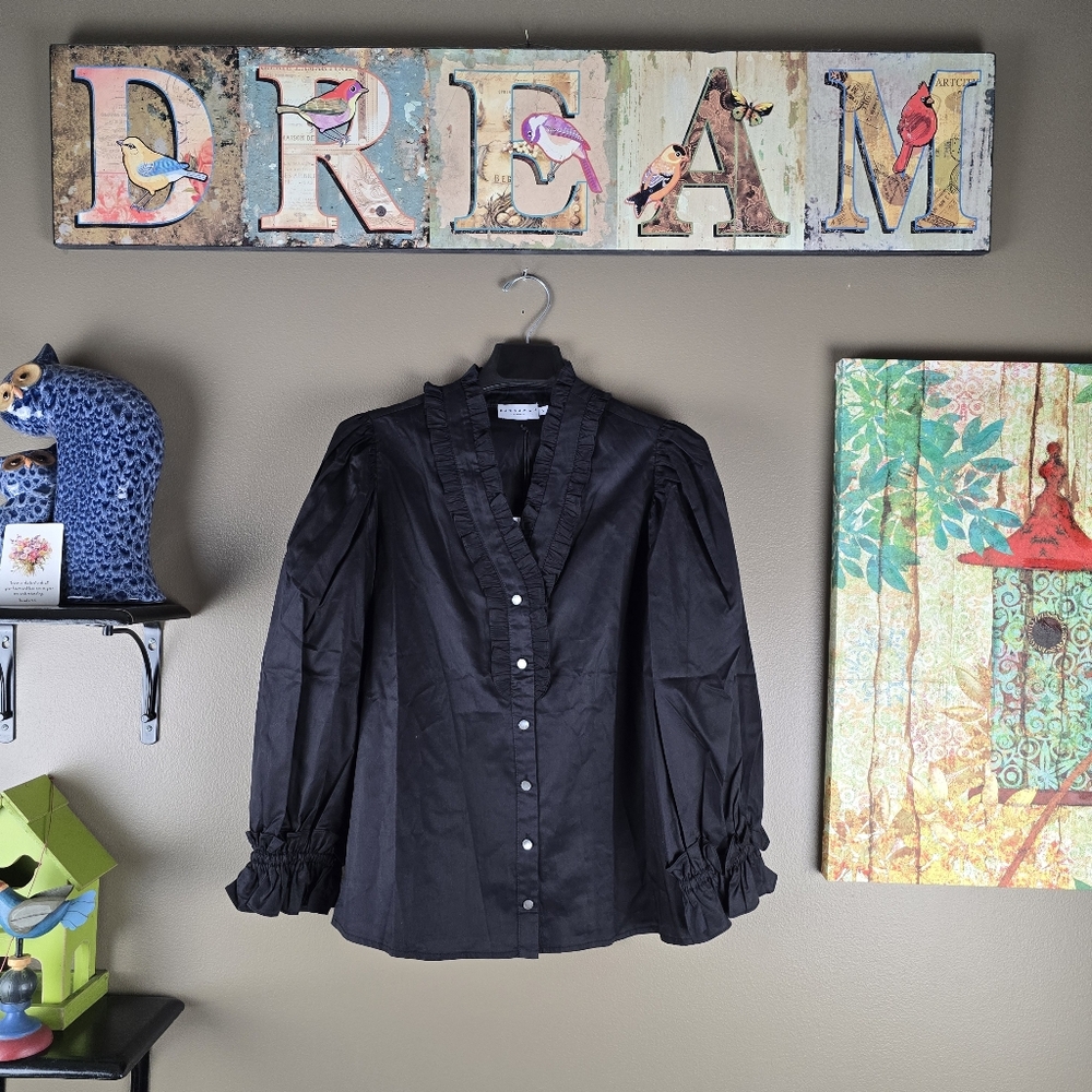 Harshman Black Ruffle Long Sleeve Top Small